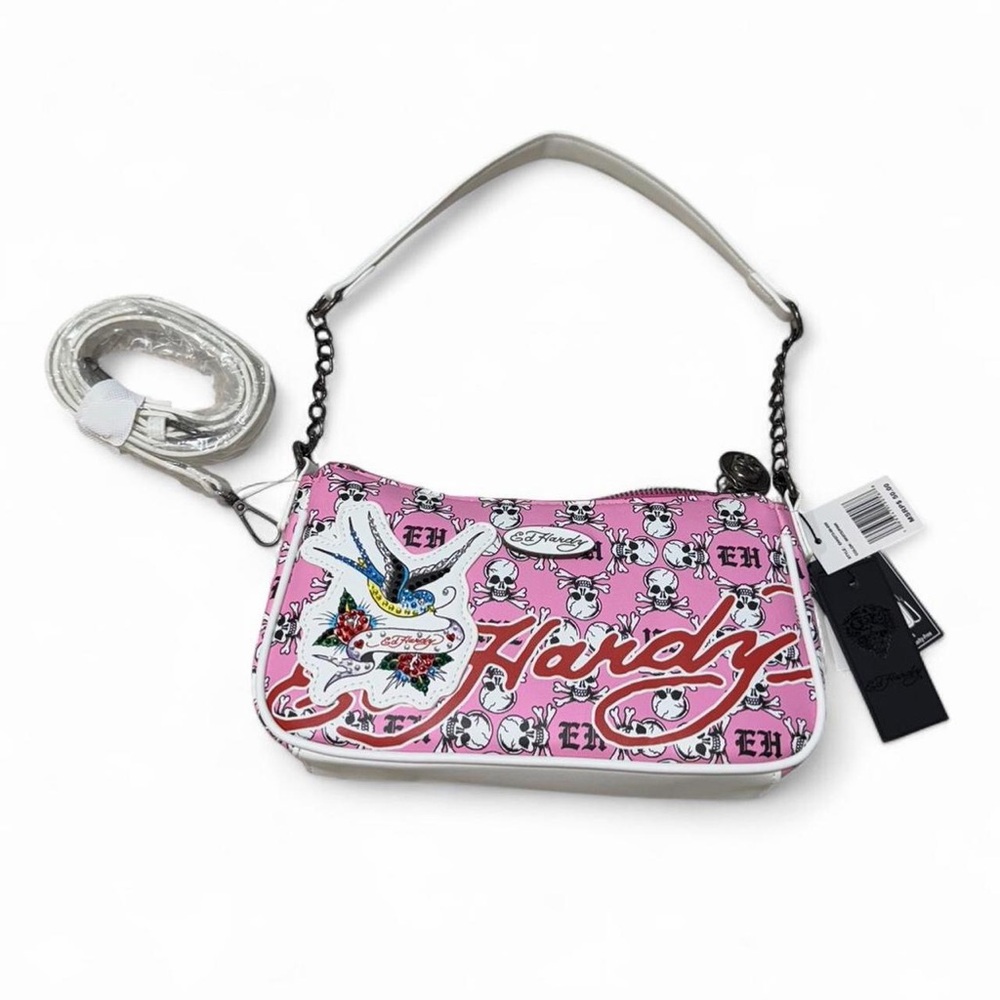 Ed Hardy Pink Skull Mini Shoulder Bag NWT Y2K Baguette Purse With Strap